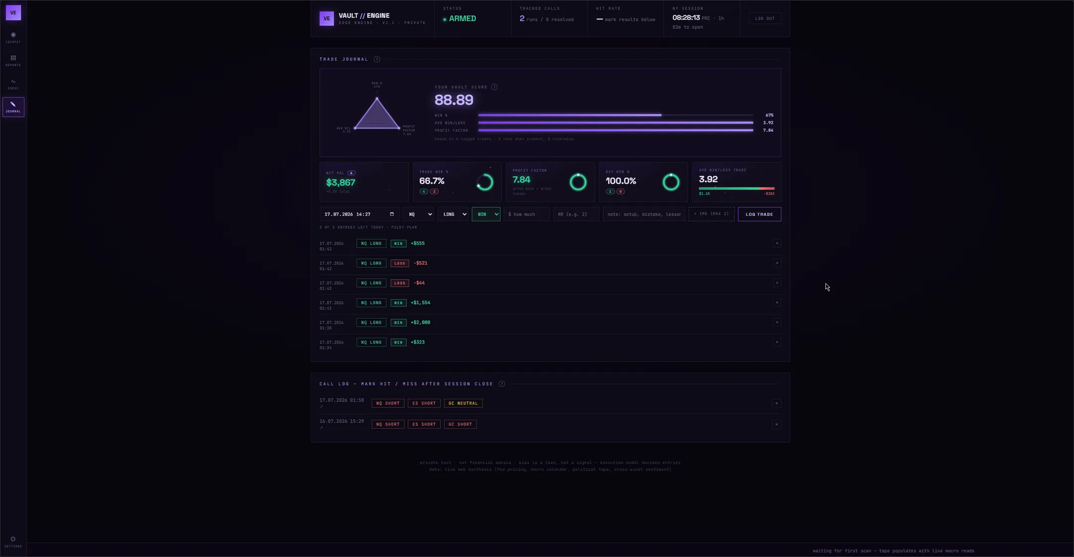 The Vault Engine journal: Vault Score, trade stats, logged trades and the call log below them